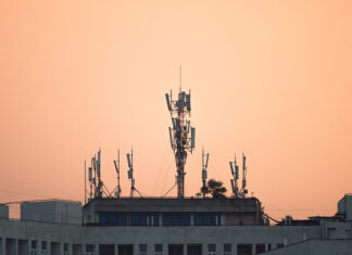 Telecommunications tower on top of the building