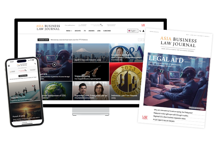 A phone on the left and a monitor in the middle with screenshots of the Asia Business Law Journal website, with a magazine cover of one of the Asia Business Law Journal issues on the right