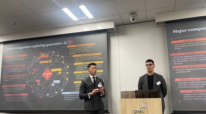 From left to right PwC leaders Eric Chin (left) and Alex Rosenrauch discuss generative AI with attendees.